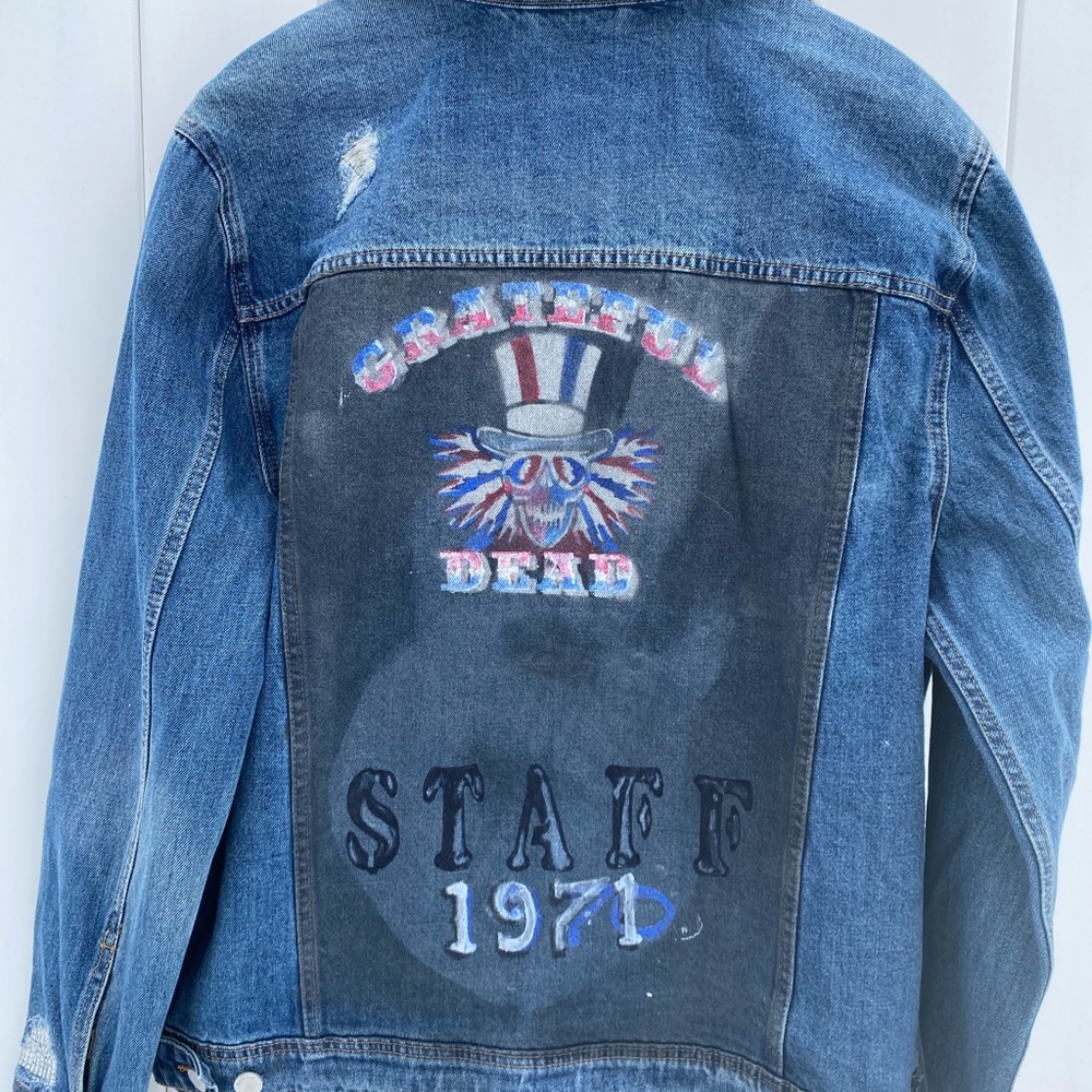 Custom Grateful Dead Painted denim jacket steal your face logo mens XL trucker